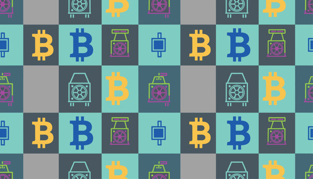 Seamless pattern featuring bitcoin symbols and computer server units in a grid layout with teal, gray, and yellow color palette.