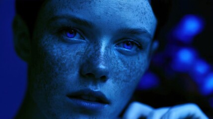 Obraz premium Close-up portrait of a young woman's face. she has freckles on her face and her eyes are a piercing blue color. her expression is serious and her lips are slightly parted.