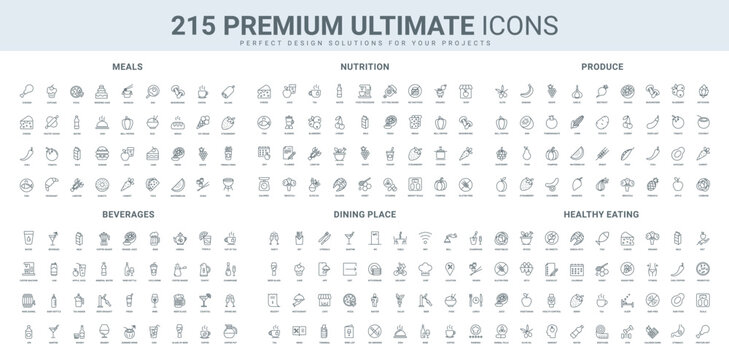 Healthy food, restaurant delivery, bar drink menu line icon set. Health control app, protein and vegetarian diet gluten and sugar free, cook in kitchen thin black outline symbols vector illustration