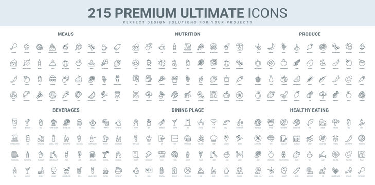 Healthy food cooking and planning, nutrition and beverage, agriculture harvest line icon set. Restaurant and cafeteria, cafe menu, drink and meals serve thin black outline symbols vector illustration