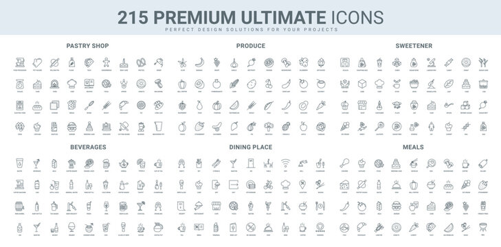 Pastry shop and sweets, drinks menu, sweetener and sugar, agricultural products line icon set. Catering service for dining, lunch and breakfast cooking thin black outline symbols vector illustration