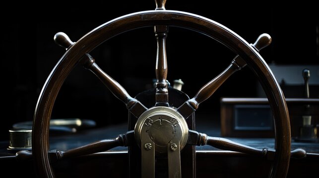 helm. Close-up of a ship's steering wheel with polished wood and brass details. mobility guides, transit brochures, designed for mobility and urban transit guides, improves user orientation.
