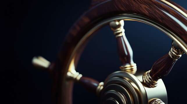 helm. Close-up of a ship's steering wheel with polished wood and brass details. mobility guides, transit brochures, designed for mobility and urban transit guides, improves user orientation.