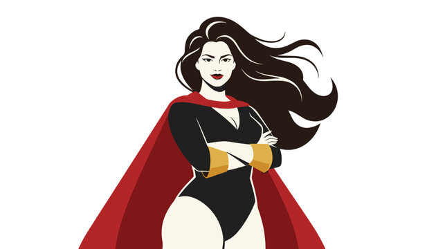 Powerful female superhero with long dark hair wearing a black suit and a red cape standing confidently with her arms crossed.