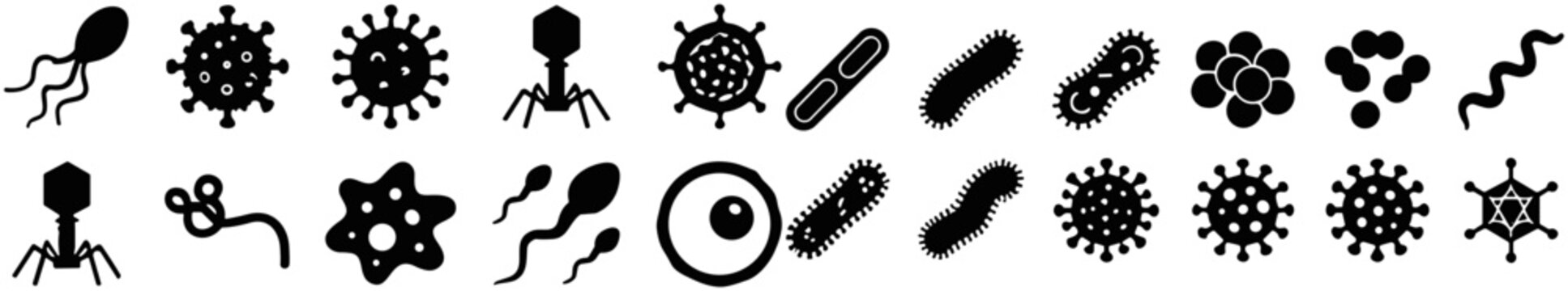 Set of black and white icons representing various bacteria viruses and microorganisms.