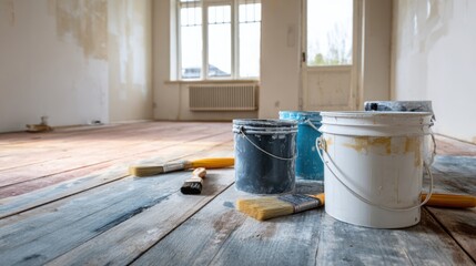 Naklejka premium unfinished apartment renovation, paint buckets, masking tape, tools on wooden floor, realistic construction process, natural daylight, authentic DIY
