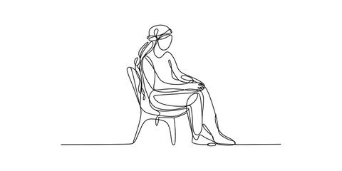 Obraz premium Single line drawing of a woman sitting on a chair, looking thoughtful
