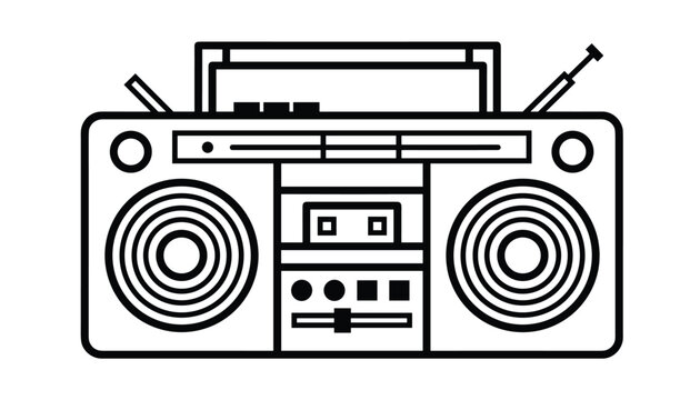 Retro boombox line art illustration featuring speakers, cassette deck, and antenna, depicting classic eighties music culture.