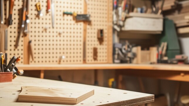 pegboard. A clean garage workshop with tools on a pegboard and an unfinished project. safety posters, maintenance manuals, designed for industrial assembly lines and welding operations.