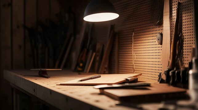 pegboard. A clean garage workshop with tools on a pegboard and an unfinished project. safety posters, maintenance manuals, designed for industrial assembly lines and welding operations.