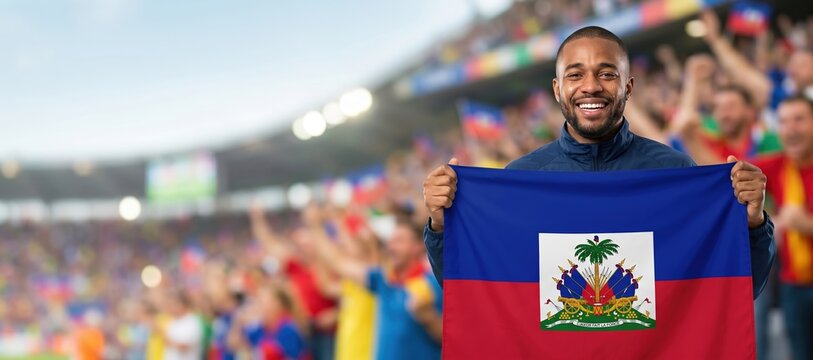 Haitian football fan celebrating with national flag in stadium