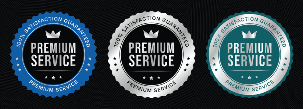 Premium Service Badge Collection with Satisfaction Guaranteed Seals in Blue Silver and Teal Design