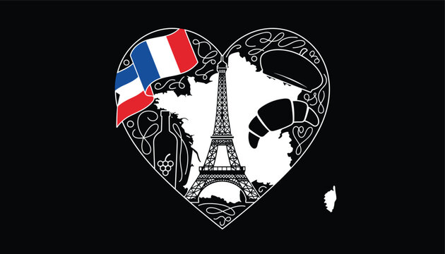 Heart shaped collage filled with iconic French symbols like the Eiffel Tower, a croissant, wine, and the national flag.
