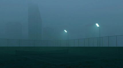 Fototapeta premium Empty tennis court in the middle of a foggy city. the court is surrounded by a chain-link fence and there are two street lamps on either side of the court.
