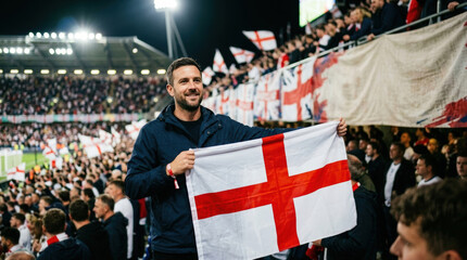 Fototapeta premium England football supporter holding flag in stadium crowd