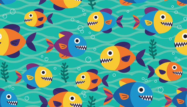 Vibrant seamless pattern of colorful predatory piranha fish swimming through green aquatic water with seaweed and bubbles.