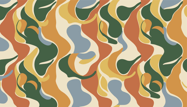Decorative abstract camouflage pattern with organic wavy shapes in a palette of green, orange, yellow, and blue colors.