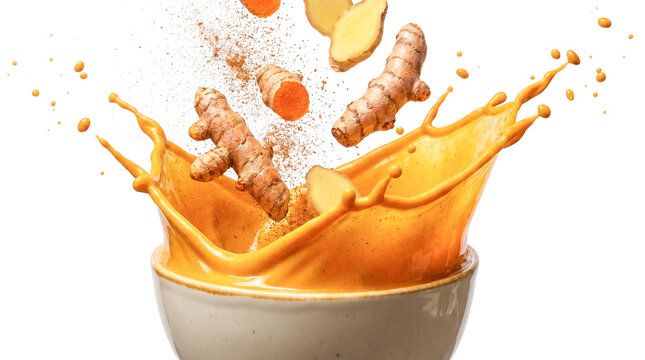 Dynamic high-speed splash bowl photography of vibrant golden-orange organic turmeric latte golden milk with raw ginger slices.