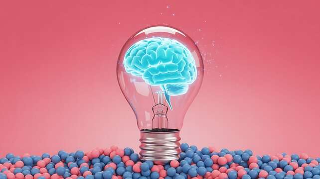 A glowing brain inside a lightbulb, symbolizing ideas and innovation, against a pink background surrounded by small spheres