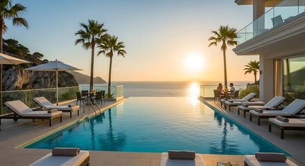 Fototapeta premium Couple dining at sunset by a luxury infinity pool overlooking the sea