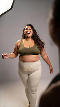 Plus-size woman in adaptive activewear breaking a pose to share a hysterical unscripted outtake with the studio photographer.