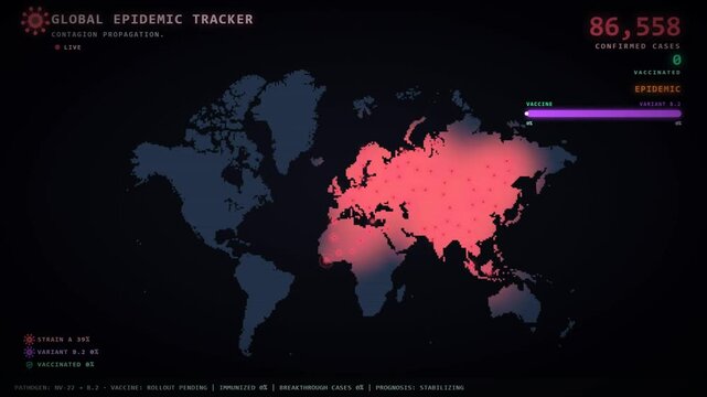 Epidemic and vaccine rollout animation with infection spread world map and immunization tracker