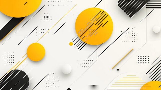 Minimal geometric composition of yellow, black, and white circles and diagonal lines arranged with shadows and dotted grids for depth