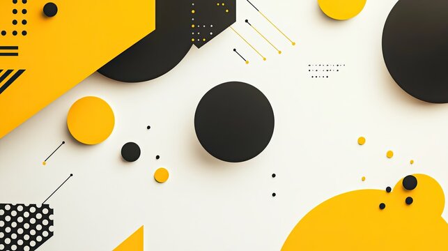 Yellow and black abstract geometric elements with circles and shapes on white