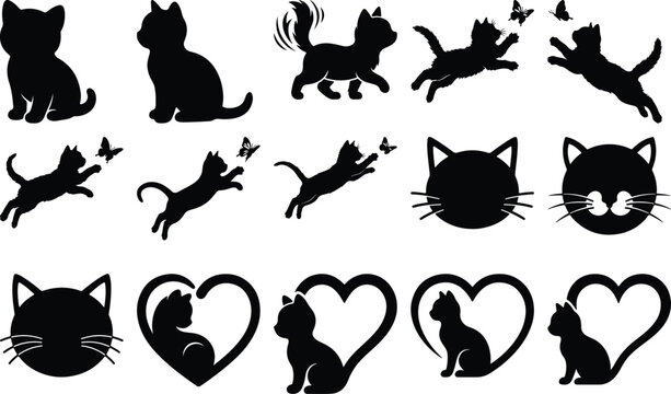Cute and funny cats doodle vector set. Cartoon cat or kitten characters design collection with flat color in different poses. Set of purebred pet animals isolated on white background.

