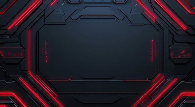 A dark, futuristic mechanical panel featuring symmetrical geometric patterns and vibrant red light accents