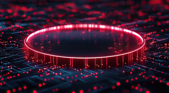A glowing red circular platform set against a complex, dark, and illuminated digital grid surface