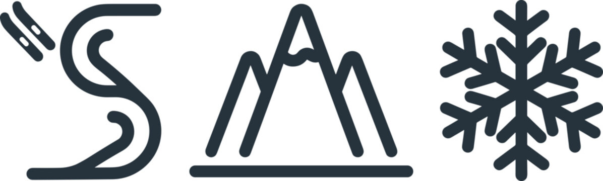 Bold Minimal Icon Set with Ski Slope Trail, Mountain Peaks, and Snowflake for Winter Sports, Travel, and Cold Weather Map Designs