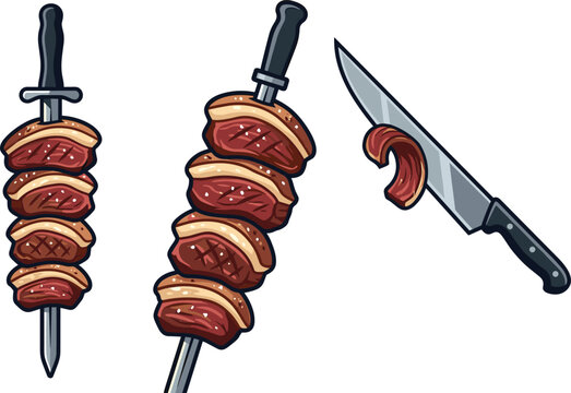Brazilian Churrasco Beef Skewer Set with Grilled Meat on Sword and Knife Icons for BBQ, Steakhouse, and Food Menu Designs