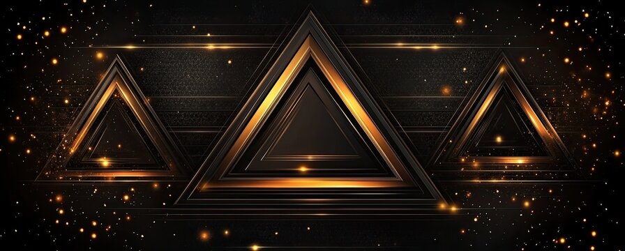 Three metallic triangular shapes with glowing golden outlines and layered inner edges, set against a dark background with floating light particles