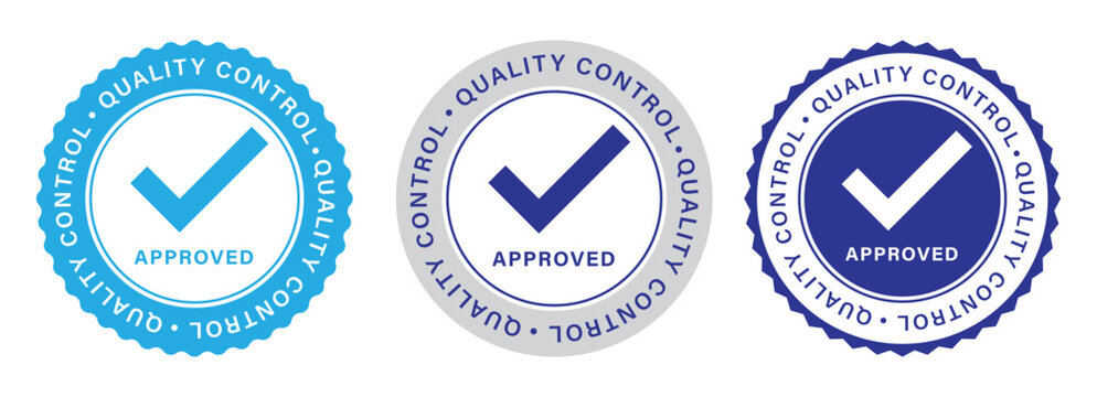 Quality Control Approved Badge Collection with Check Mark Certification Seal and Validation Labels Set