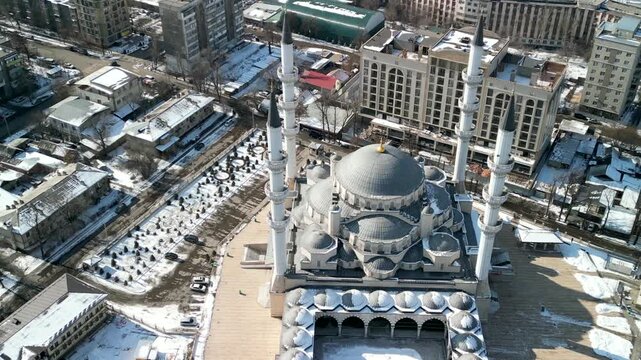 Imam Sarahsi Bishkek Central Mosque, drone zoom-out reveal shot