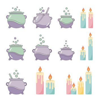 Witchcraft Cauldron Bubbling Potion and Candles Collection, Magic Symbols