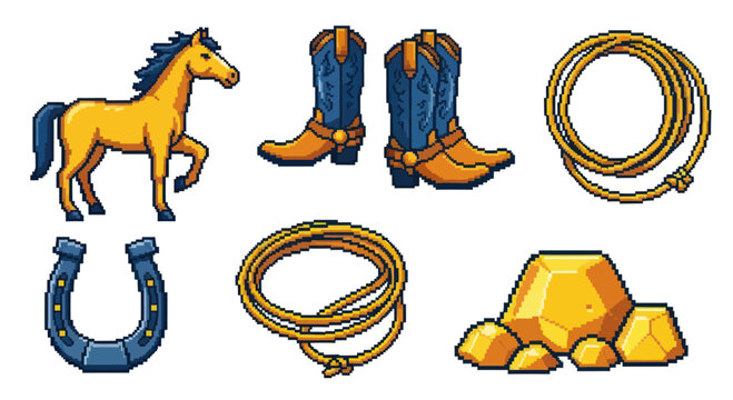 Pixel Art Cowboy Set: Horse, Boots, Lasso, Horseshoe, Gold Nuggets