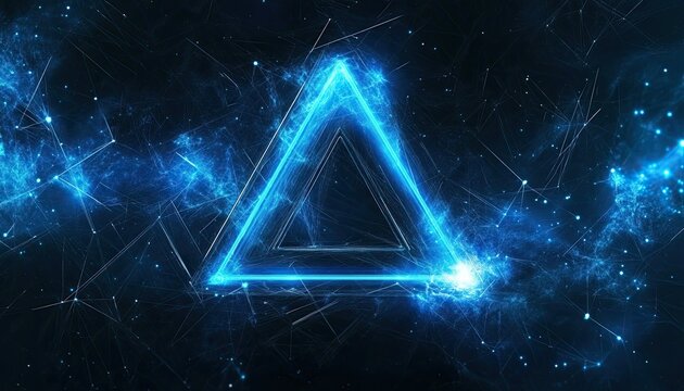 Glowing blue triangle with light lines and particles in cosmic space