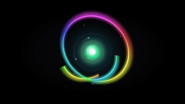 Rainbow neon circle with glowing energy core spinning on black background for logo reveal intro