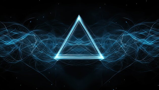 A central glowing blue triangle is surrounded by ethereal, flowing wisps of blue light in a dark environment