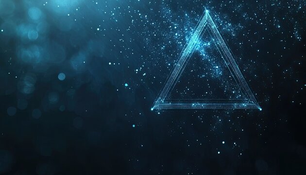 A glowing blue triangular frame floats in a dark void filled with shimmering, sparkling particles