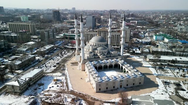 Imam Sarahsi Bishkek Central Mosque, drone circling around sideways shot