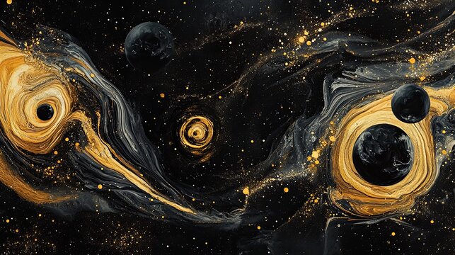 A stunning cosmic composition showcasing swirling black and gold liquid marble patterns with glowing orbs, reminiscent of deep space