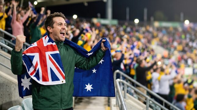 Australian football fan celebrating in stadium with national flag