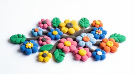 Naklejka premium Colorful clay flowers and leaves arranged on a branch. Bright handmade blossoms and green foliage create a playful, artistic nature scene. Crafty fun for kids and design projects.