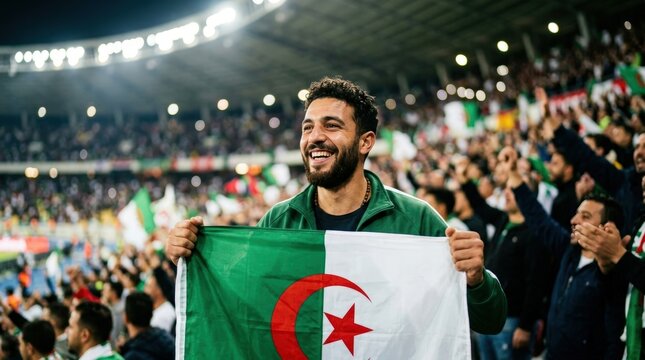Algerian football fan celebrating with national flag in stadium crowd