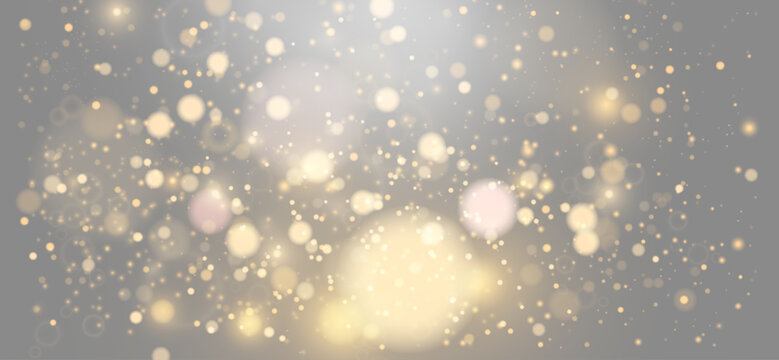 Golden glitter confetti and soft blurred bokeh lights exploding on grey transparent background
