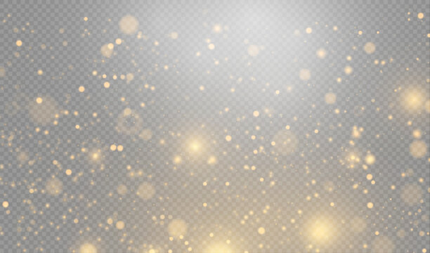Gold bokeh light effects and glitter particles falling on transparent background