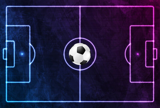 Abstract vector football sports background with soccer ball on dark textured grunge pitch with glowing blue and purple neon tactical lines from a top view